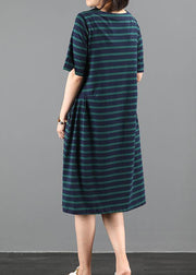 Italian green striped outfit o neck Cinched A Line summer Dresses - bagstylebliss