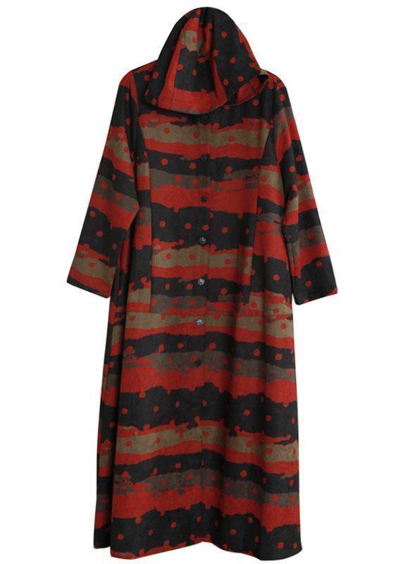 Italian hooded Button Down fine clothes For Women red print daily coats - bagstylebliss