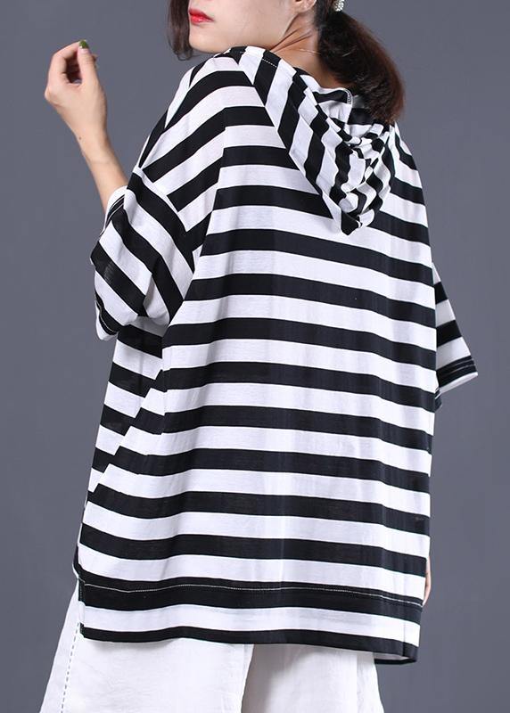 Italian hooded cotton top silhouette Outfits black white striped shirt summer - bagstylebliss