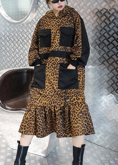 Italian hooded pockets clothes For Women Neckline Leopard Dresses - bagstylebliss