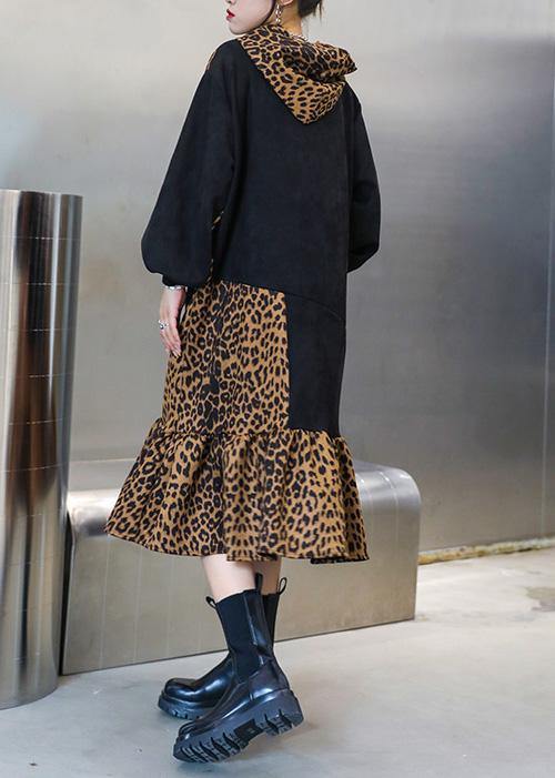 Italian hooded pockets clothes For Women Neckline Leopard Dresses - bagstylebliss