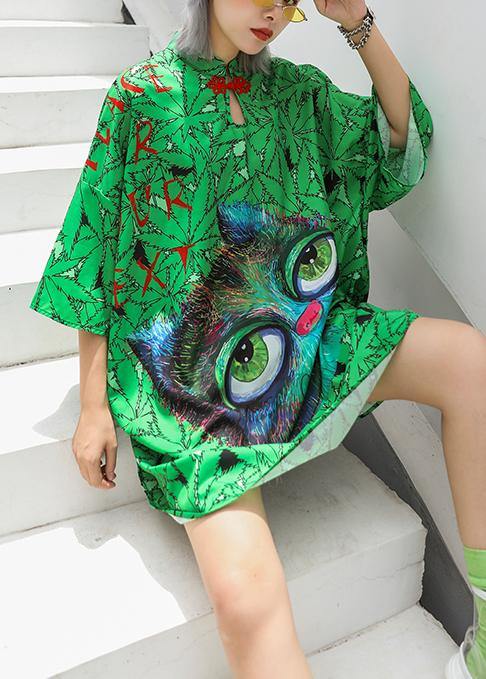 Italian lapel half sleeve Cotton clothes Runway green print Dress summer - bagstylebliss