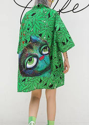 Italian lapel half sleeve Cotton clothes Runway green print Dress summer - bagstylebliss