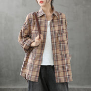 Italian lapel pockets crane tops Sewing khaki plaid blouses - bagstylebliss