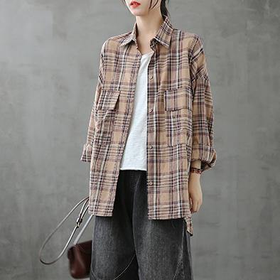 Italian lapel pockets crane tops Sewing khaki plaid blouses - bagstylebliss