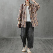 Italian lapel pockets crane tops Sewing khaki plaid blouses - bagstylebliss