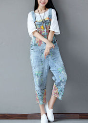 Italian light Blue pockets Print ripped Jeans Jumpsuits Summer