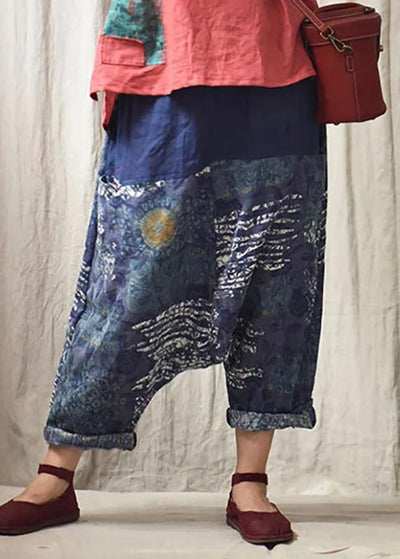 Italian linen trousers Vintage Printed Low Crotch Casual Harem Pants - bagstylebliss