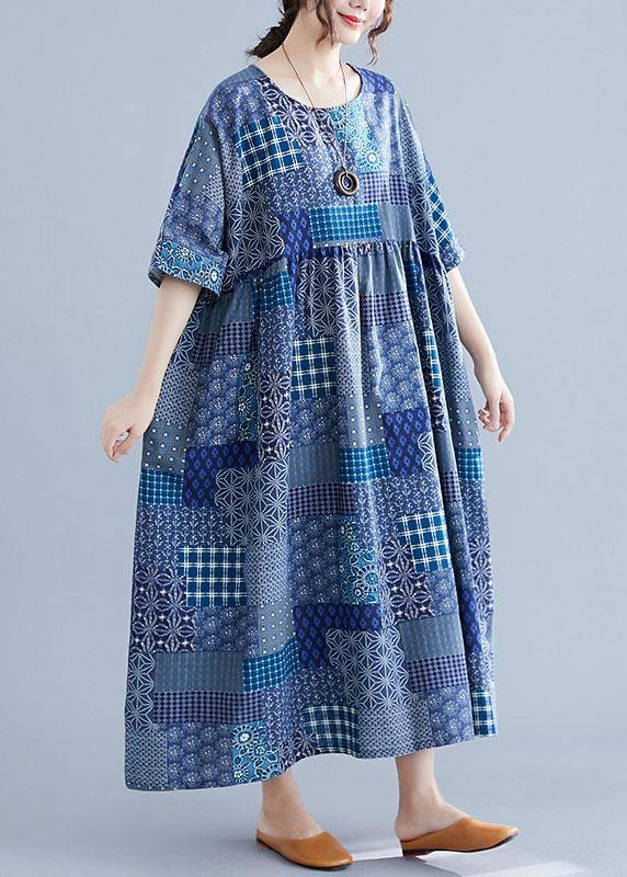 Italian navy plaid linen cotton clothes For Women o neck Cinched cotton Dress - bagstylebliss
