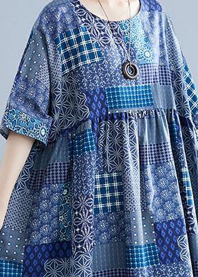 Italian navy plaid linen cotton clothes For Women o neck Cinched cotton Dress - bagstylebliss