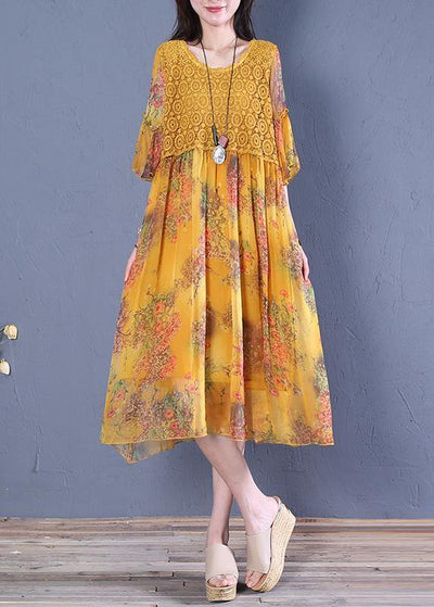 Italian o neck Butterfly Sleeve Cotton Fabrics yellow print Dress - bagstylebliss