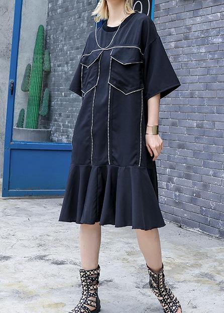 Italian o neck Ruffles silk Cotton dresses Vintage Wardrobes black baggy Dress Summer - bagstylebliss