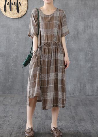 Italian o neck asymmetric cotton dresses Catwalk khaki plaid Dresses - bagstylebliss