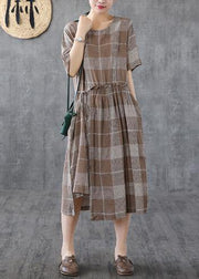 Italian o neck asymmetric cotton dresses Catwalk khaki plaid Dresses - bagstylebliss