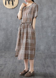 Italian o neck asymmetric cotton dresses Catwalk khaki plaid Dresses - bagstylebliss