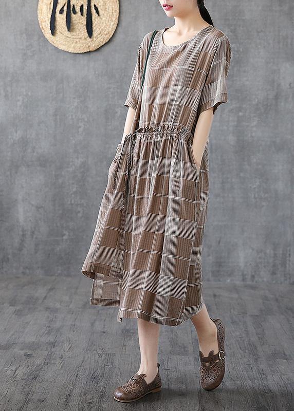 Italian o neck asymmetric cotton dresses Catwalk khaki plaid Dresses - bagstylebliss