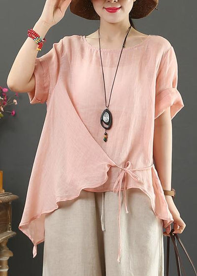 Italian o neck asymmetric cotton linen clothes pink silhouette blouses - bagstylebliss