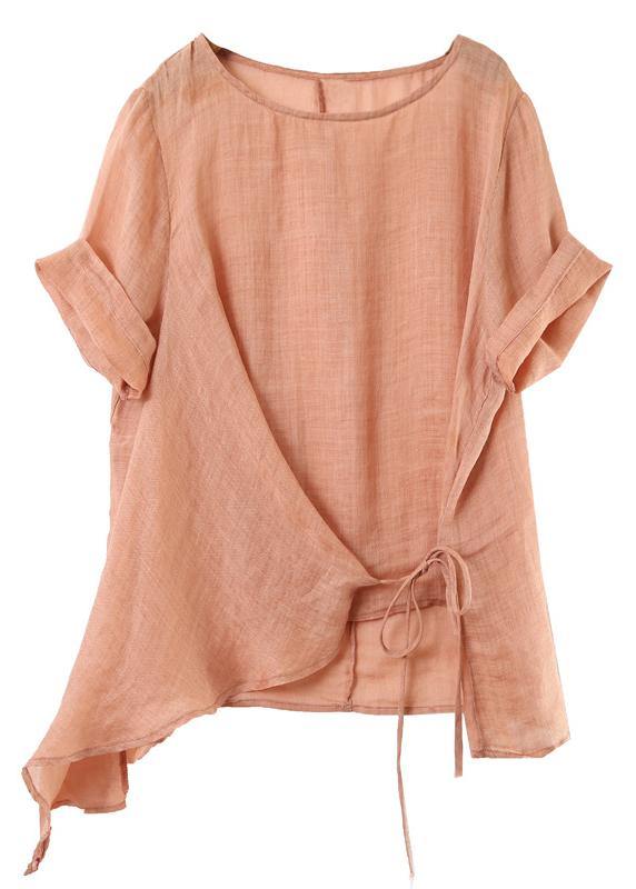 Italian o neck asymmetric cotton linen clothes pink silhouette blouses - bagstylebliss