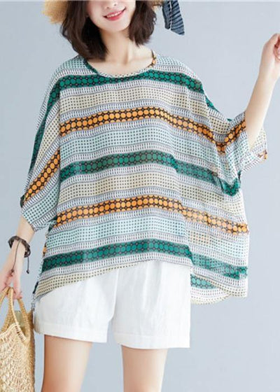 Italian o neck baggy chiffon clothes striped loose blouses - bagstylebliss