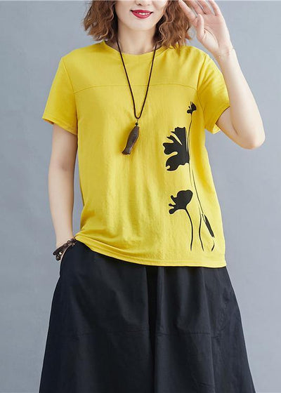Italian o neck cotton tunic top Photography yellow print shirts summer - bagstylebliss