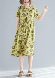 Italian o neck drawstring linen cotton dress Fashion Outfits yellow print daily Dress Summer - bagstylebliss