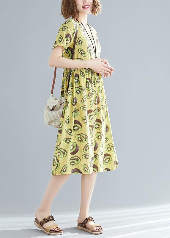Italian o neck drawstring linen cotton dress Fashion Outfits yellow print daily Dress Summer - bagstylebliss