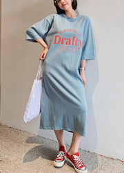 Italian o neck half sleeve dress Work blue Letter Robe Dresses - bagstylebliss