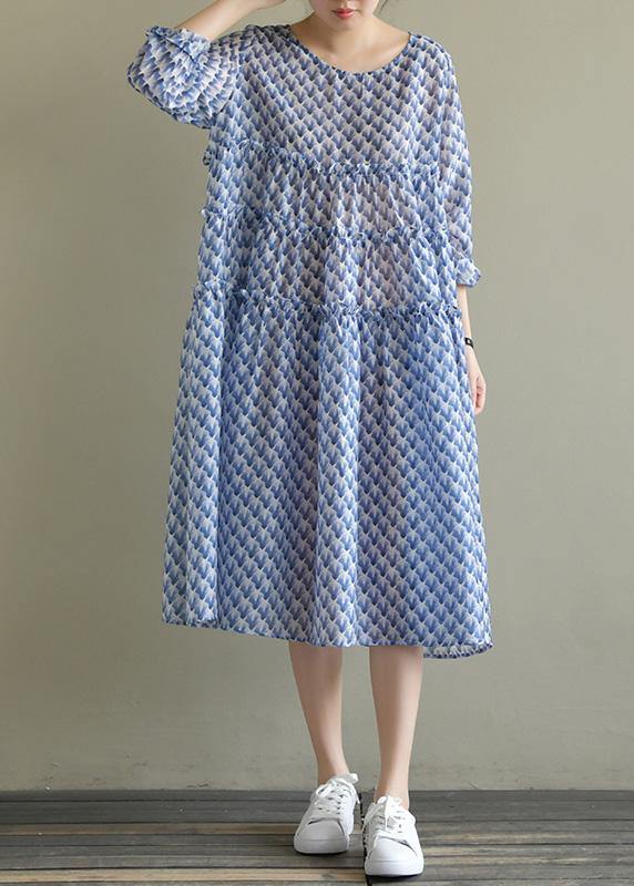 Italian o neck large hem chiffon dress fine Wardrobes blue print Art Dress Summer - bagstylebliss