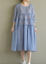 Italian o neck large hem chiffon dress fine Wardrobes blue print Art Dress Summer - bagstylebliss