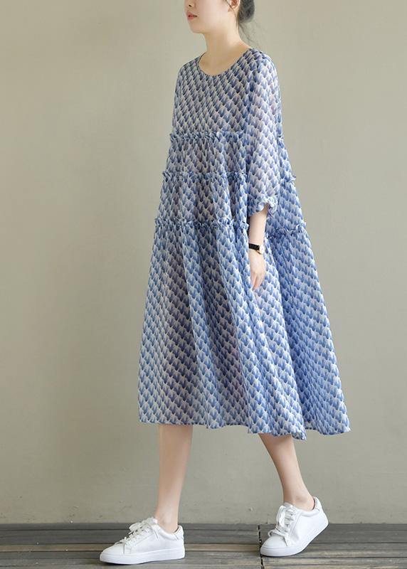 Italian o neck large hem chiffon dress fine Wardrobes blue print Art Dress Summer - bagstylebliss