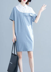 Italian o neck patchwork Cotton Tunics light blue Dress summer - bagstylebliss