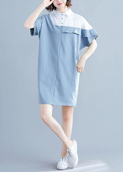 Italian o neck patchwork Cotton Tunics light blue Dress summer - bagstylebliss