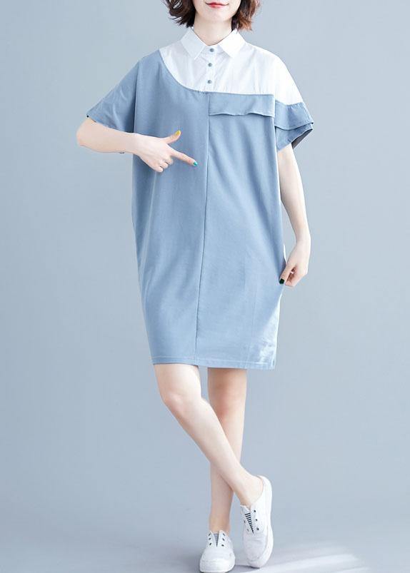 Italian o neck patchwork Cotton Tunics light blue Dress summer - bagstylebliss