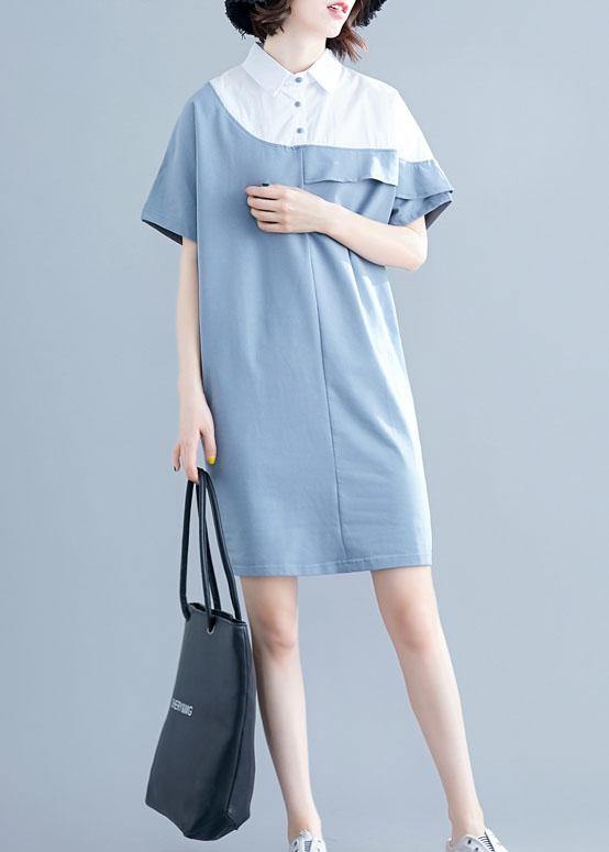 Italian o neck patchwork Cotton Tunics light blue Dress summer - bagstylebliss