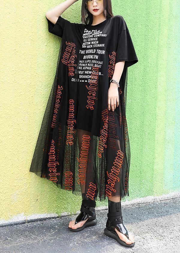 Italian o neck patchwork tulle cotton dresses Fabrics black print Traveling Dresses summer - bagstylebliss