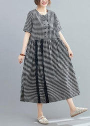 Italian o neck side open linen Long Wardrobes black plaid Dresses - bagstylebliss