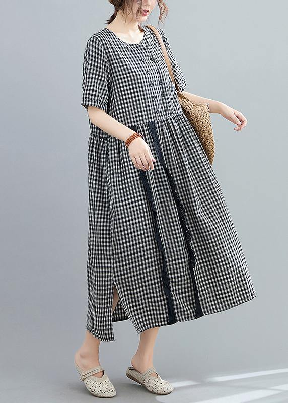 Italian o neck side open linen Long Wardrobes black plaid Dresses - bagstylebliss