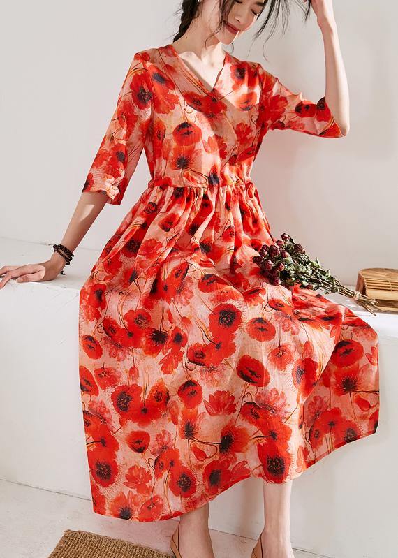 Italian orange print linen dress v neck patchwork long Dress - bagstylebliss