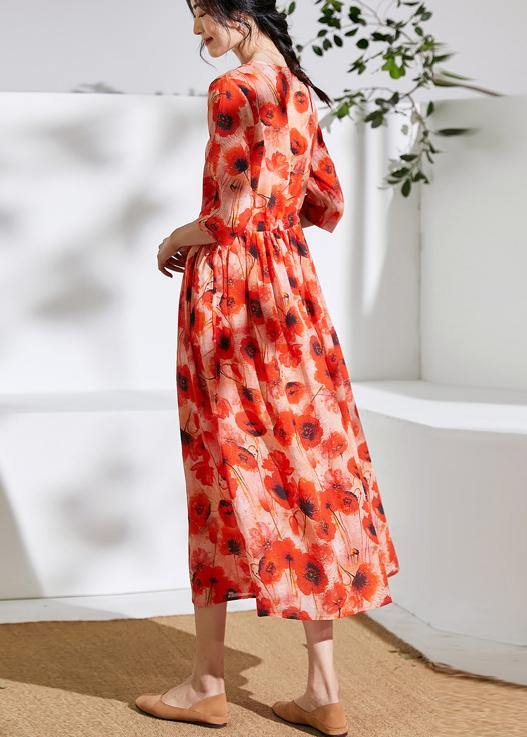 Italian orange print linen dress v neck patchwork long Dress - bagstylebliss