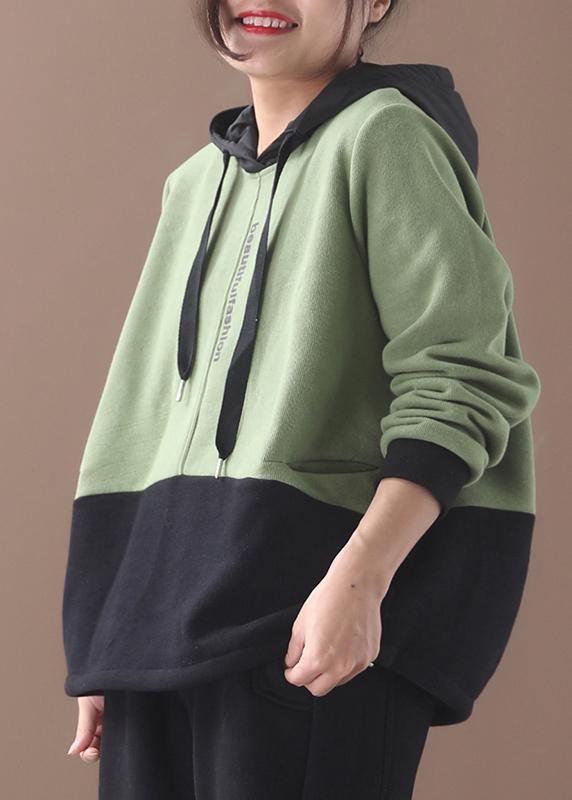 Italian patchwork cotton hooded Tops green pullover - bagstylebliss