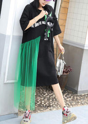 Italian patchwork tulle cotton Tunics Wardrobes black prints long Dress summer - bagstylebliss