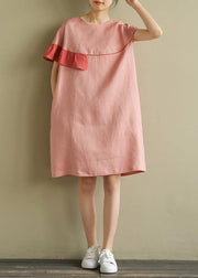 Italian pink linen Wardrobes o neck patchwork baggy summer Dress - bagstylebliss