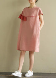 Italian pink linen Wardrobes o neck patchwork baggy summer Dress - bagstylebliss