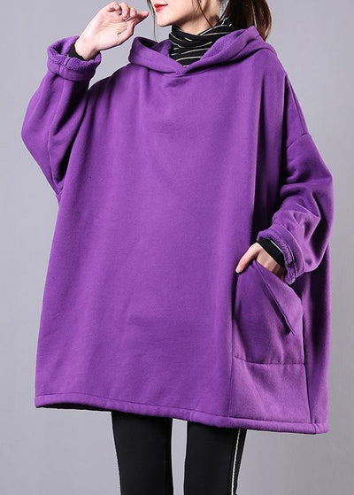 Italian purple cotton clothes For Women hooded pockets Midi shirts - bagstylebliss
