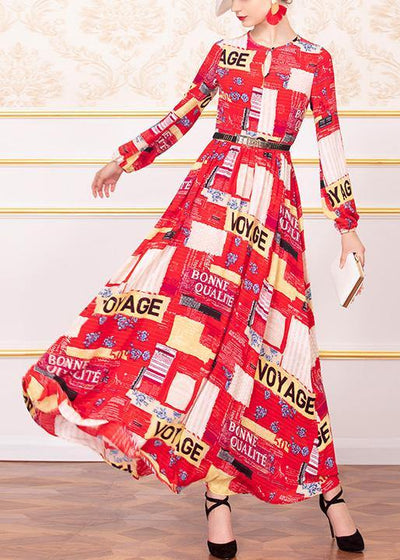 Italian red chiffon tunic pattern big hem A Line o neck Dress - bagstylebliss