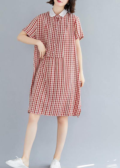 Italian red plaid Cotton Tunics Peter pan Collar Knee summer Dress - bagstylebliss