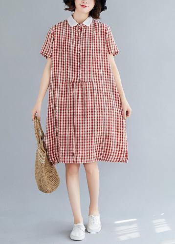 Italian red plaid Cotton Tunics Peter pan Collar Knee summer Dress - bagstylebliss