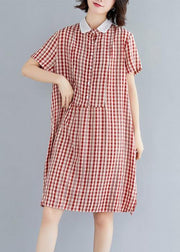 Italian red plaid Cotton Tunics Peter pan Collar Knee summer Dress - bagstylebliss