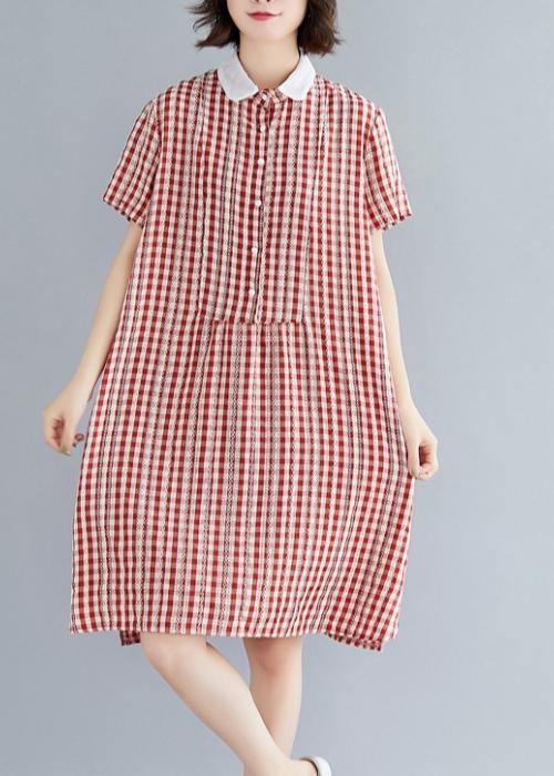 Italian red plaid Cotton Tunics Peter pan Collar Knee summer Dress - bagstylebliss