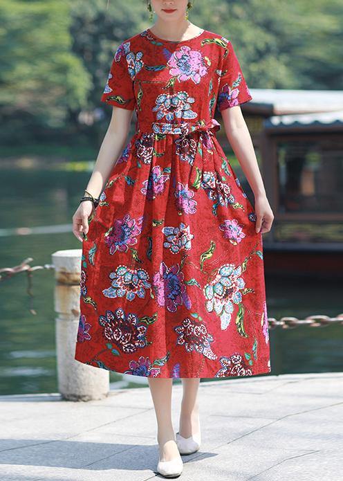 Italian red print cotton linen dress o neck tie waist cotton robes summer Dresses - bagstylebliss